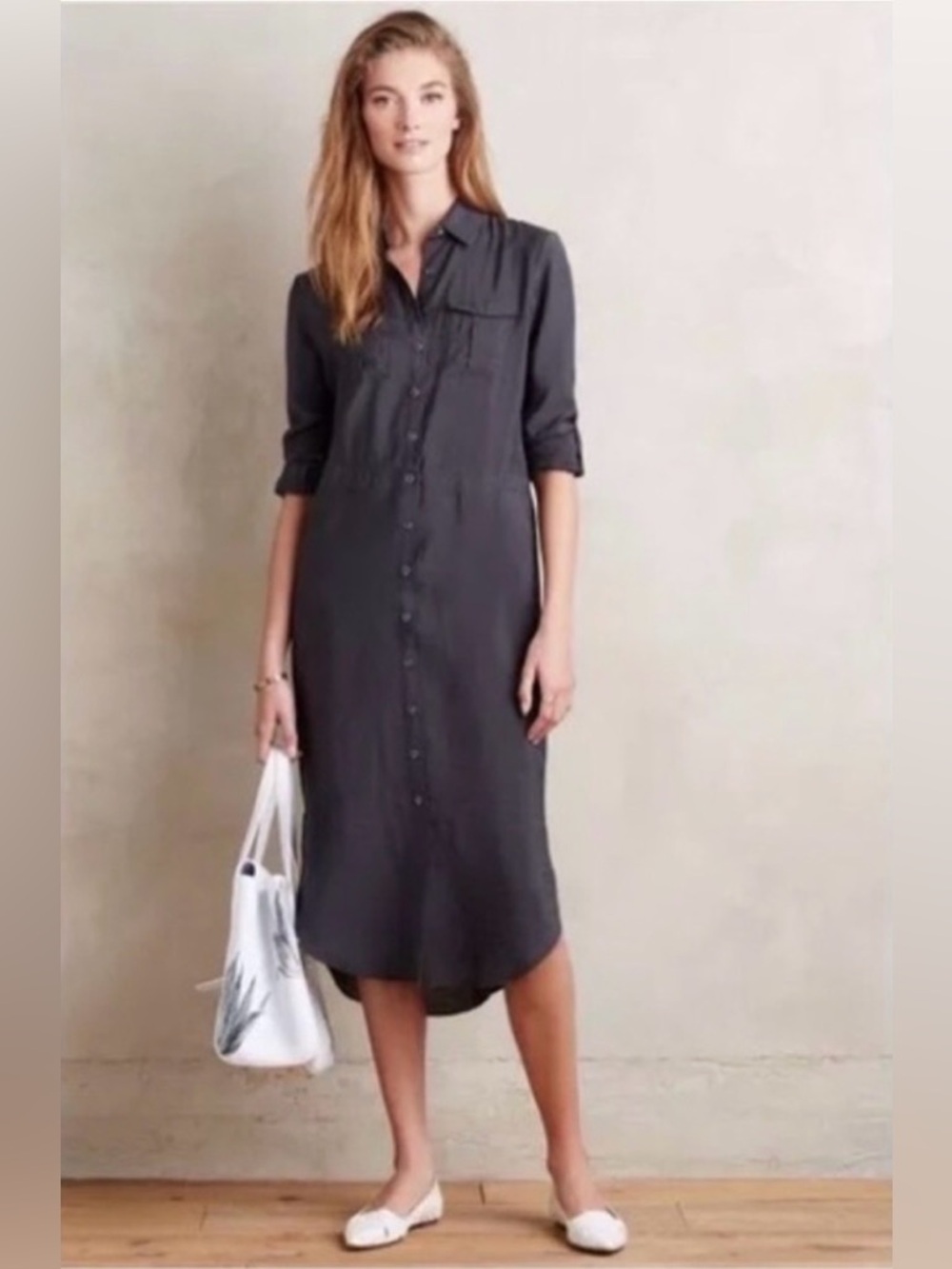 Maeve Button Front Midi Shirt Dress | Drawstring Waist | Sz. 2